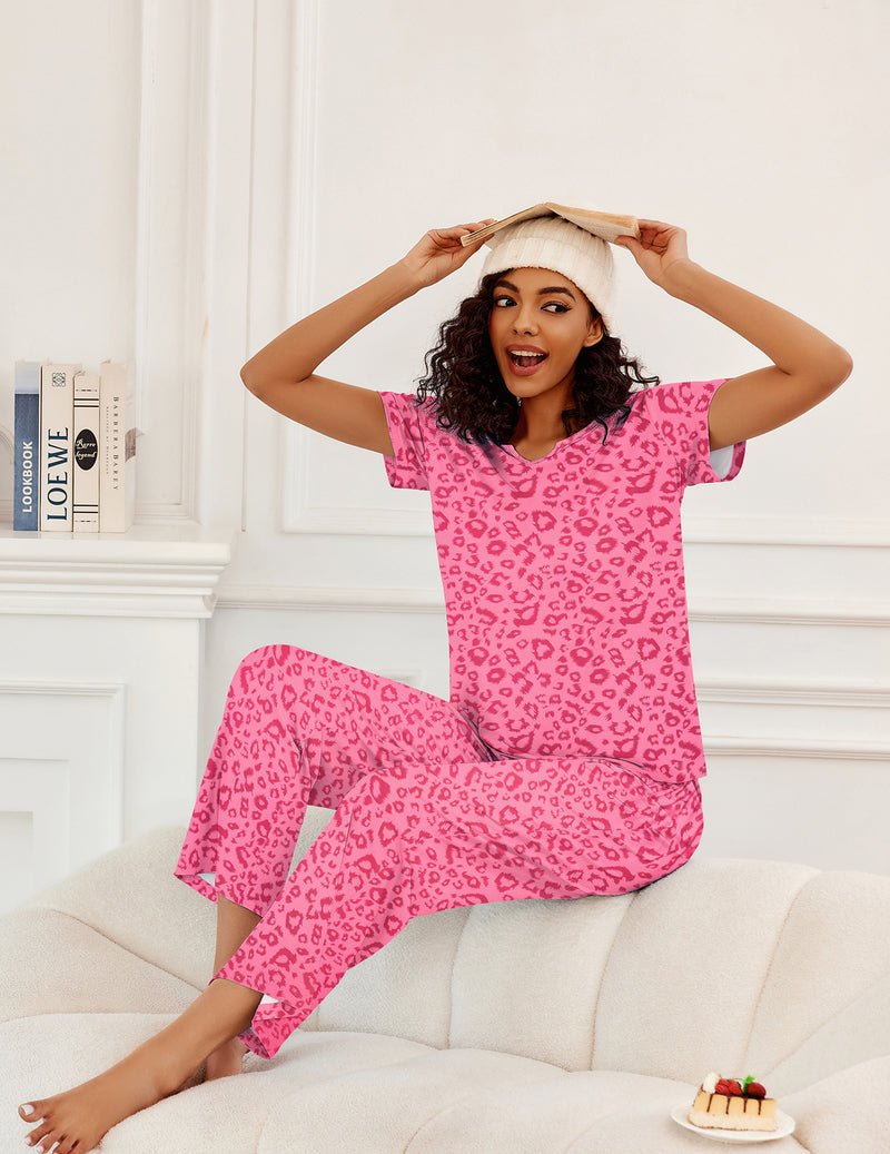 2-piece pajamas, hot pink leopard print set with V-neck top and long pants