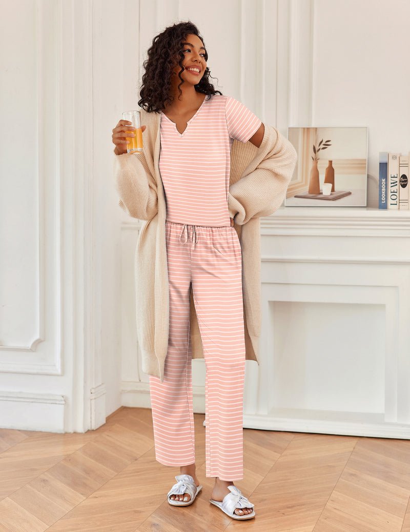 2-teiliger Pyjama: V-Ausschnitt Shirt und lange Hose, rosa Streifen, bequemer Schnitt