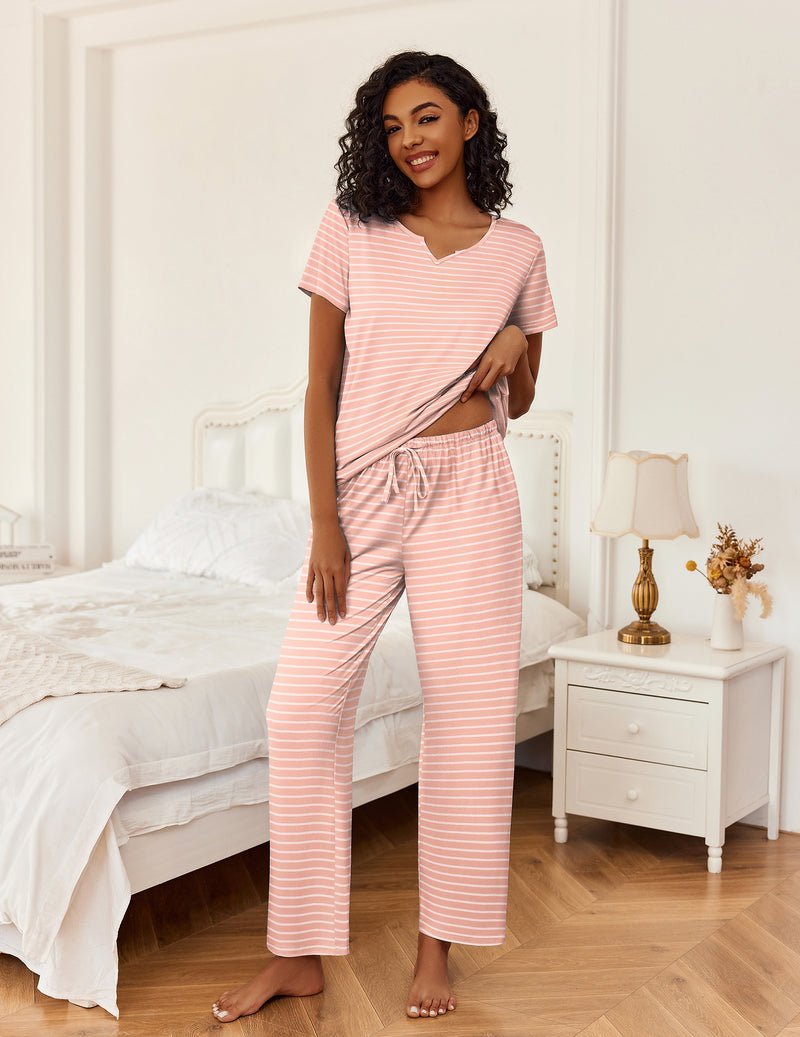 2-teiliger Pyjama: V-Ausschnitt Kurzarmtop & lange Hose, rosa Streifen