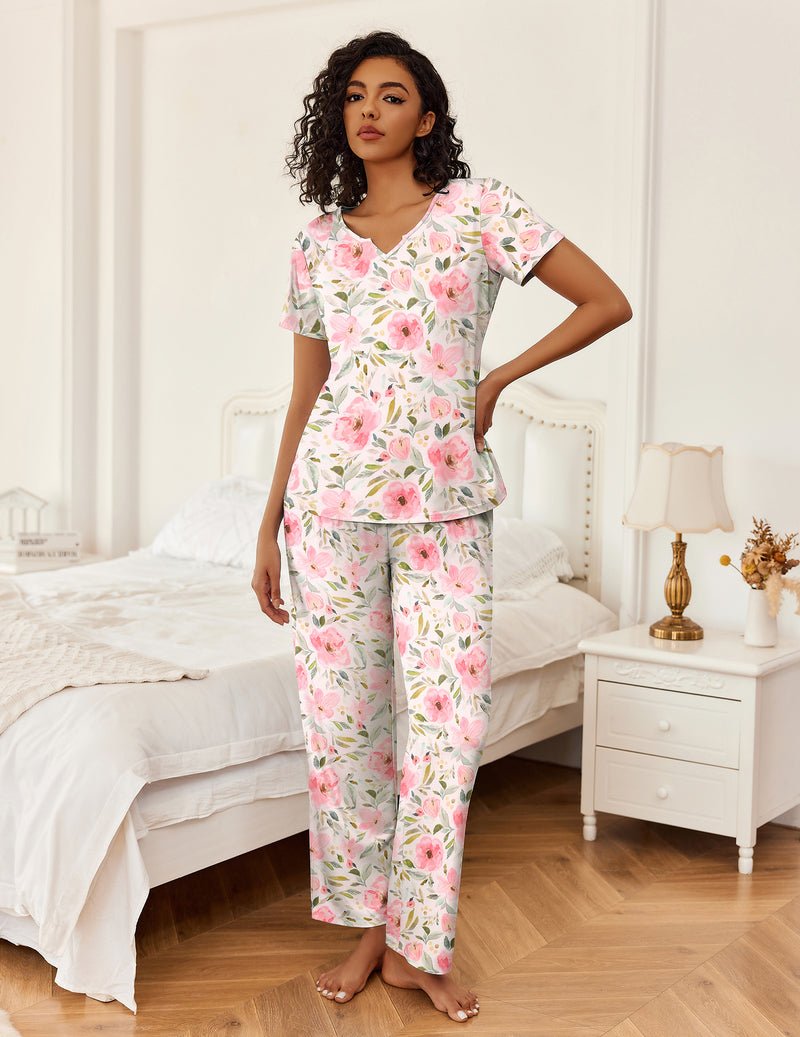2-piece pajamas, white flower print V-neck top with long straight-leg pants