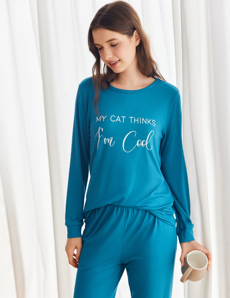 Teal long-sleeve pajama top with “My Cat Thinks I’m Cool” and drawstring pants