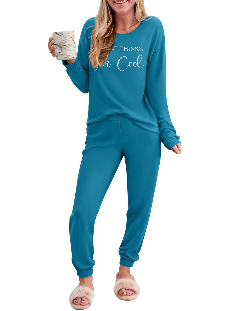 Teal 2-piece long-sleeve pajama set with “Cool” slogan top and jogger pants