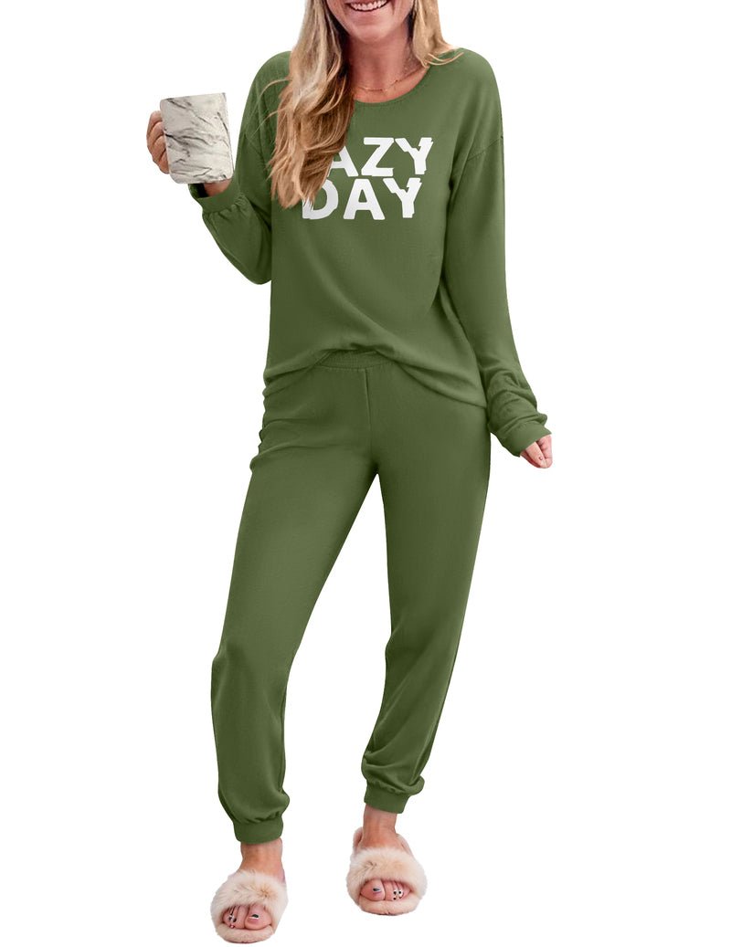 Army green long-sleeve pajama top and matching joggers with “LAZY DAY” text