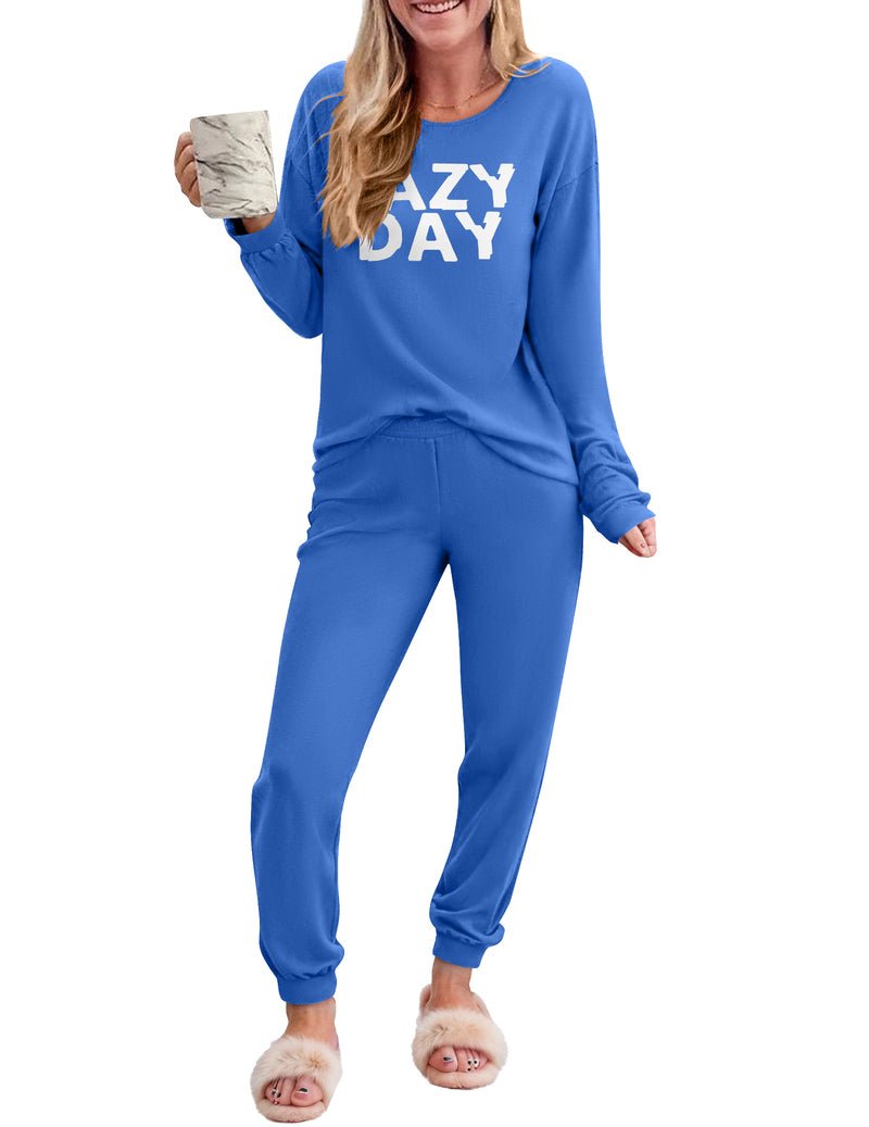 Blue 2-piece long-sleeve lounge set with “LAZY DAY” top and jogger pants