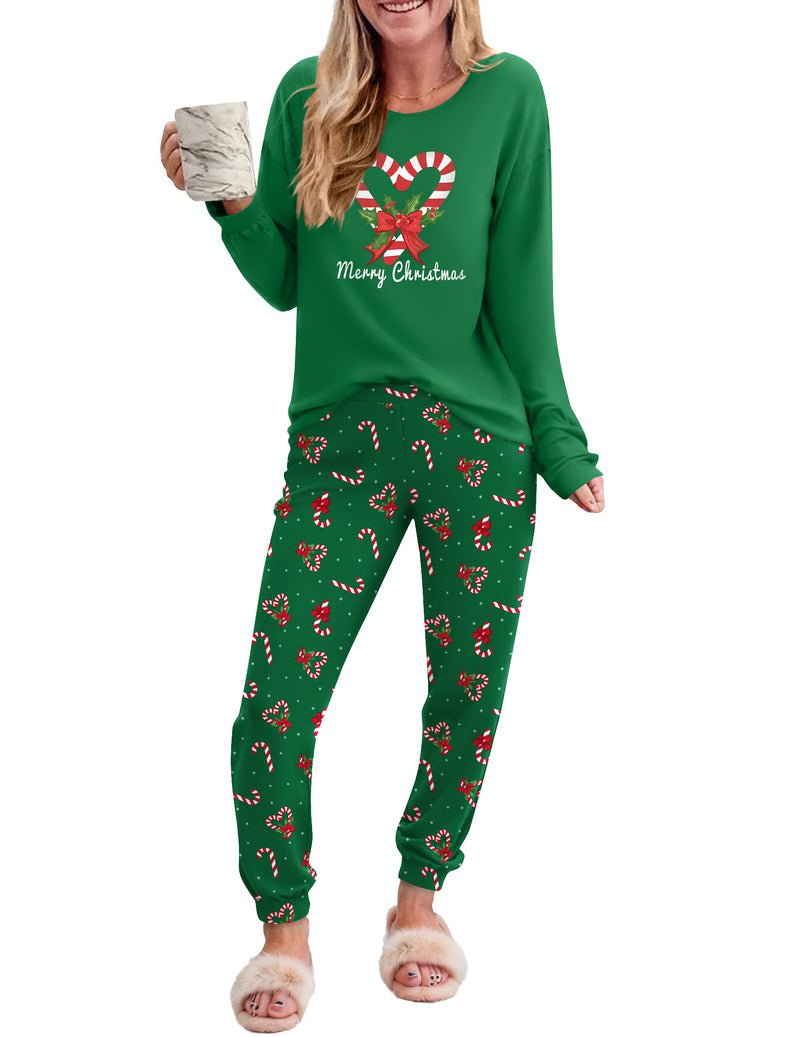 Green long-sleeve Christmas pajama top with candy-cane print pants set