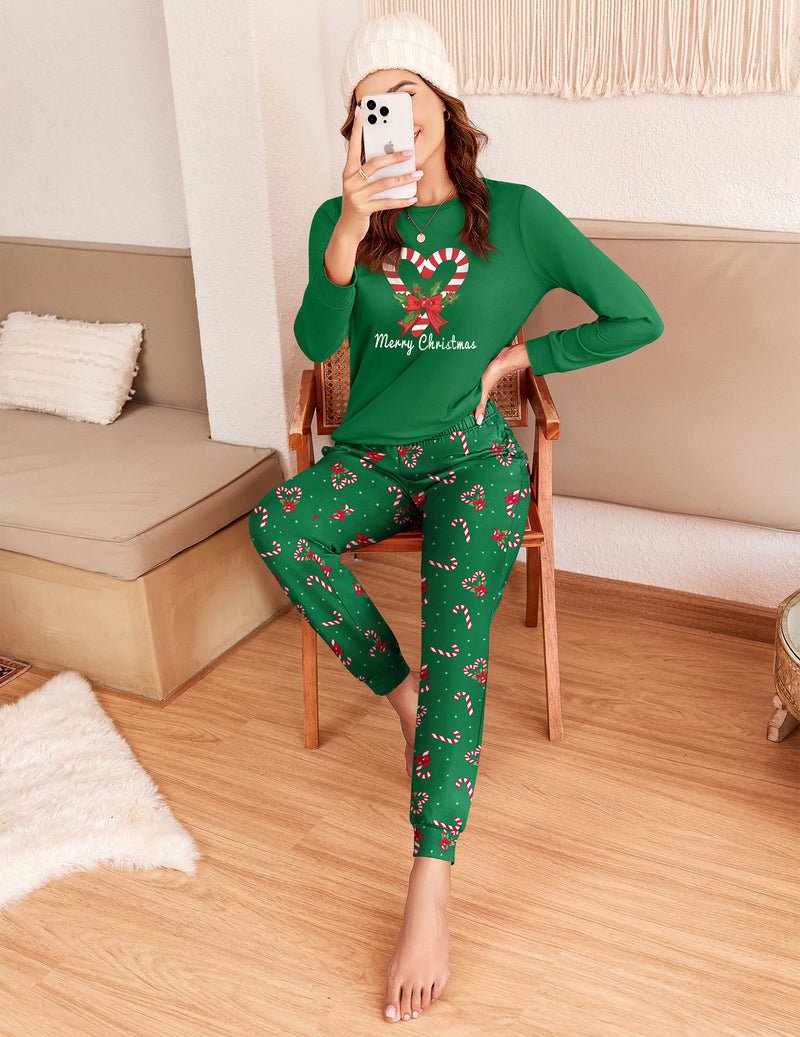 Green long-sleeve Christmas pajama set with candy-cane print ankle jogger pants