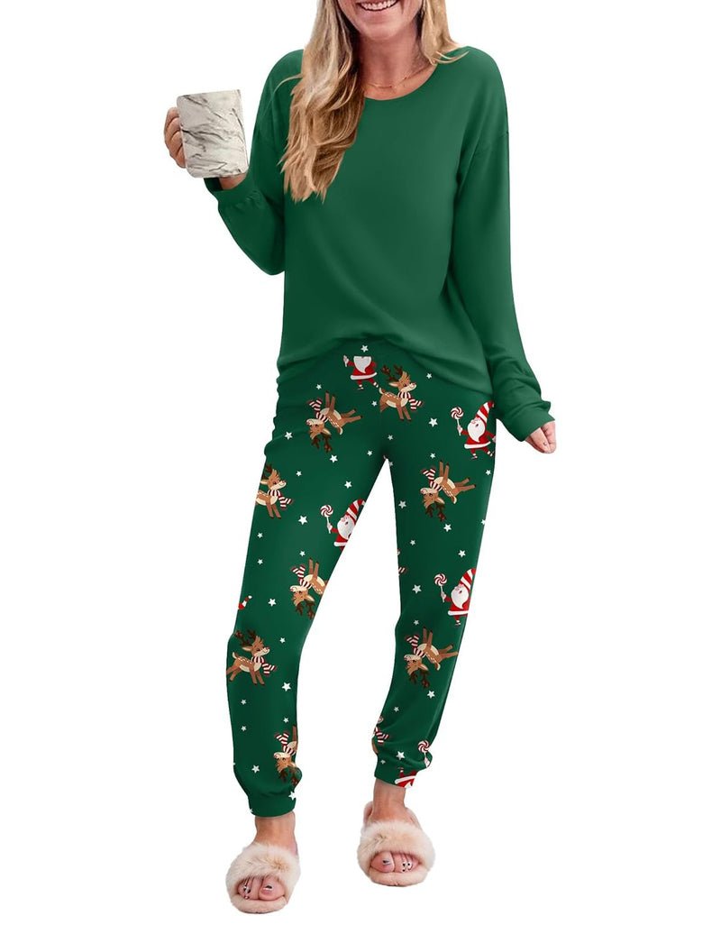 Green long-sleeve pajama top with holiday character print jogger pants set