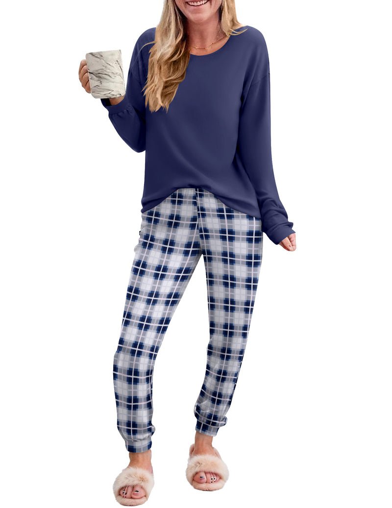 2 piece plaid pajama set: navy long-sleeve top with blue plaid lounge pants