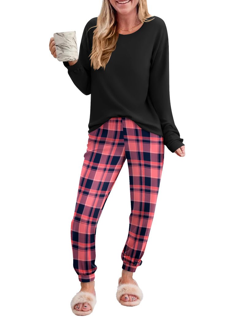2 piece plaid pajama set: black long-sleeve top with red plaid lounge pants