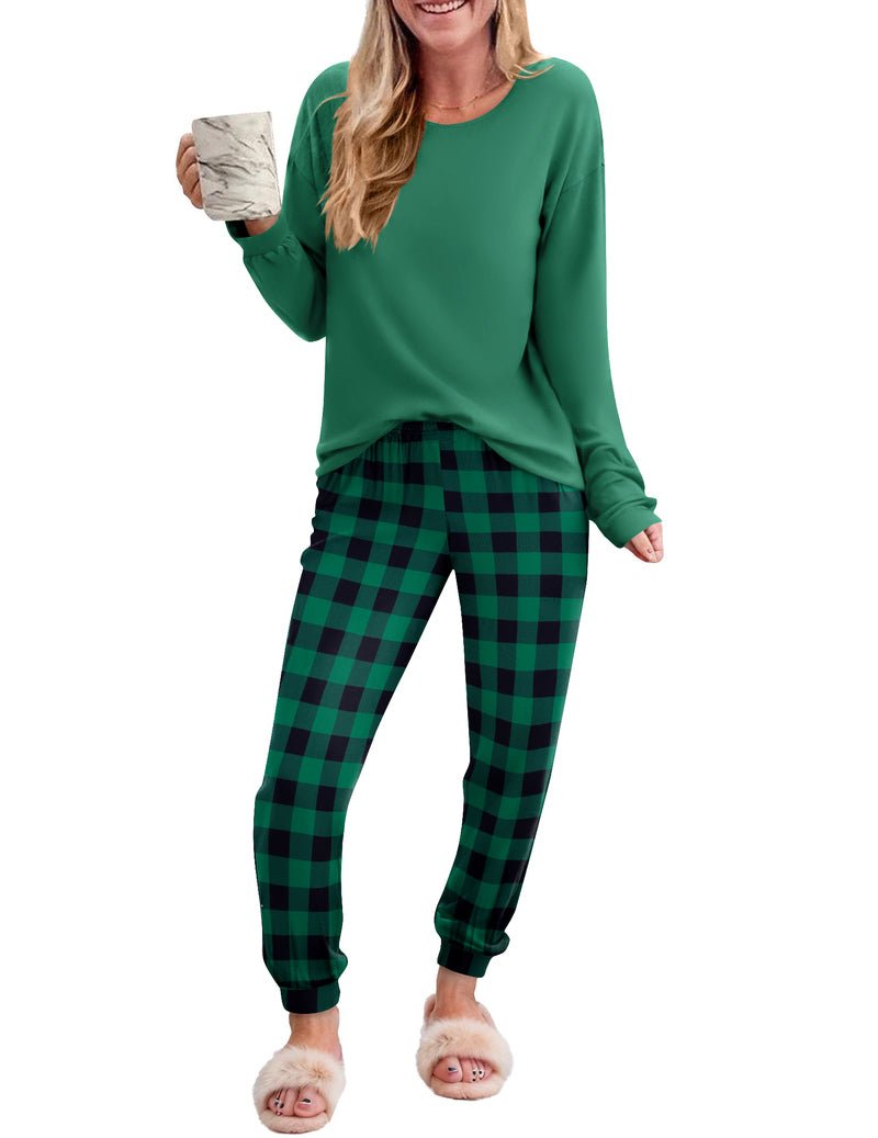 2-piece plaid pajama set with green long-sleeve top and dark green plaid pants