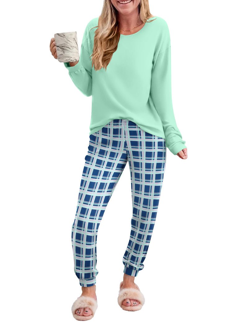 2-piece plaid pajama set with mint long-sleeve top and blue plaid lounge pants