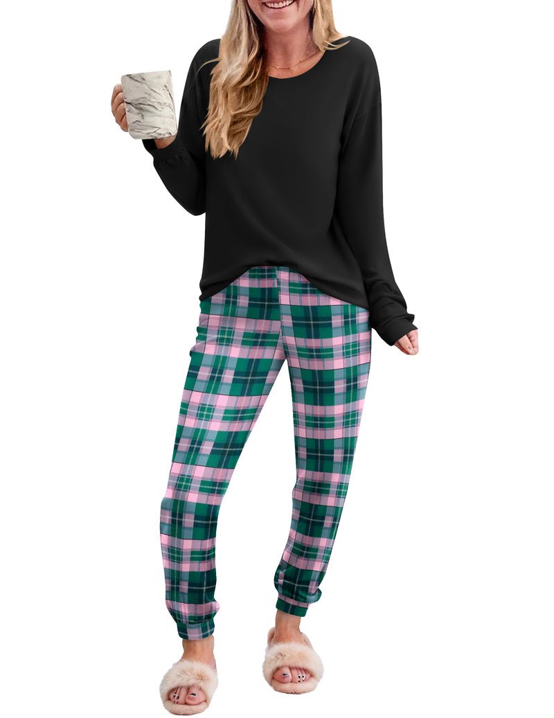 2-piece plaid pajama set with black long-sleeve top and green/pink plaid pants