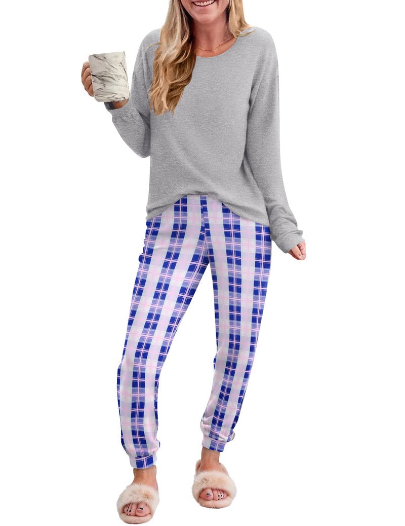 2 piece plaid pajama set: gray long-sleeve top with blue-and-white plaid lounge pants