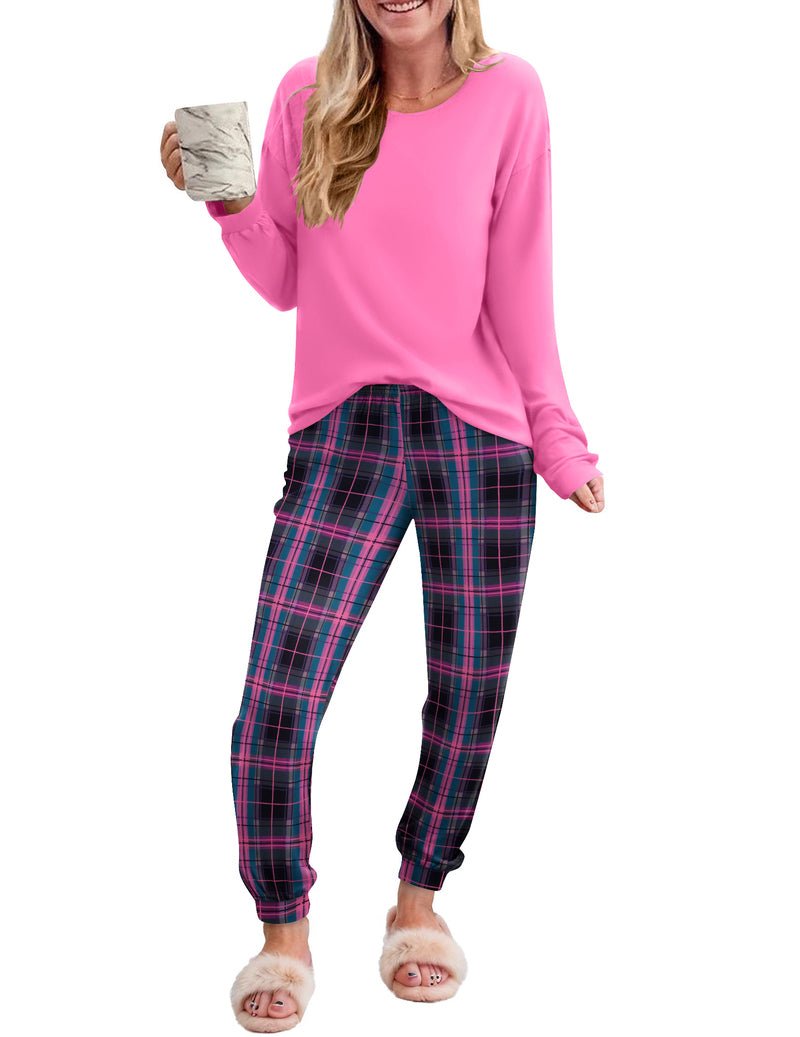 2-piece plaid pajama set with pink long-sleeve top and green plaid lounge pants