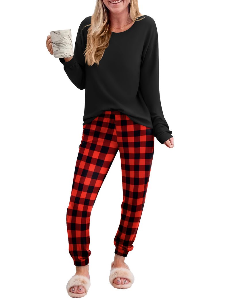 2-piece plaid pajama set with black long-sleeve top and red/black plaid pants