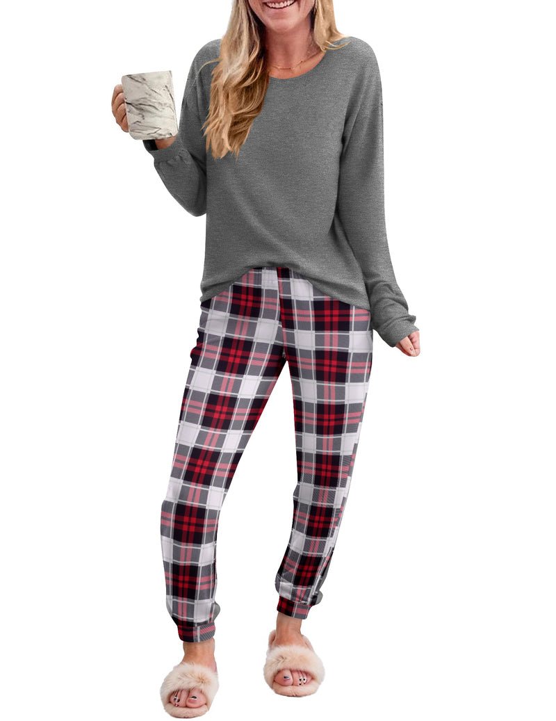 2-piece plaid pajama set with gray long-sleeve top and red/white plaid pants