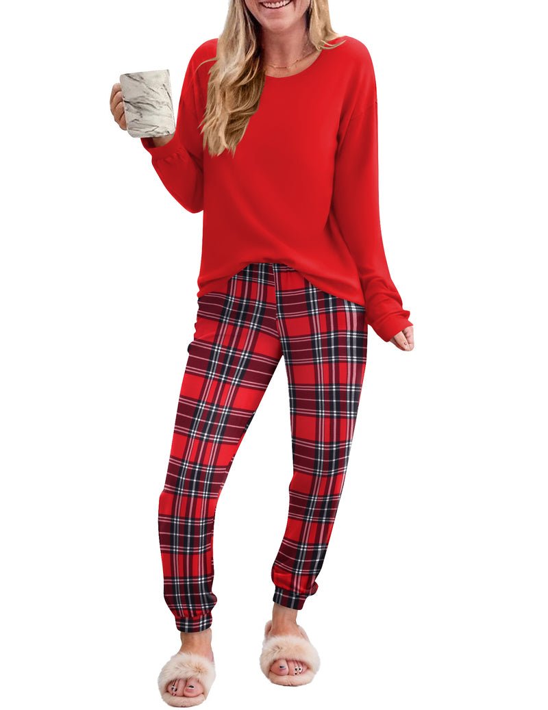 2-piece plaid pajama set with red long-sleeve top and red/black plaid pants