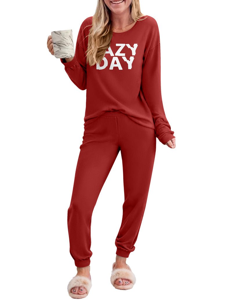 Red 2-piece long-sleeve pajama set with “LAZY DAY” top and jogger pants