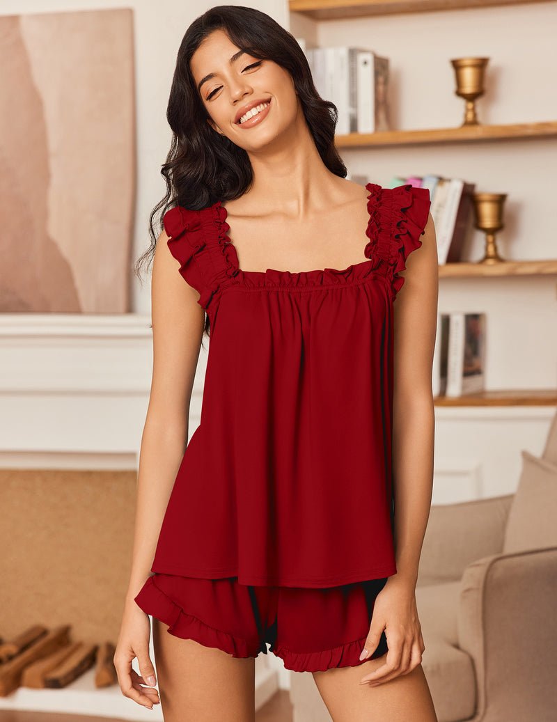 Wine red ruffle tank and matching shorts pajama set, tiered flutter hem