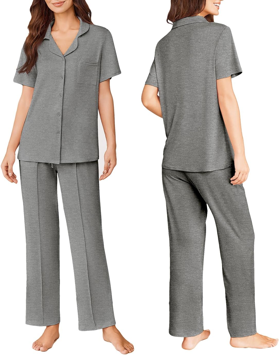 Dark gray 2-piece pajama set, short-sleeve button top and long pants