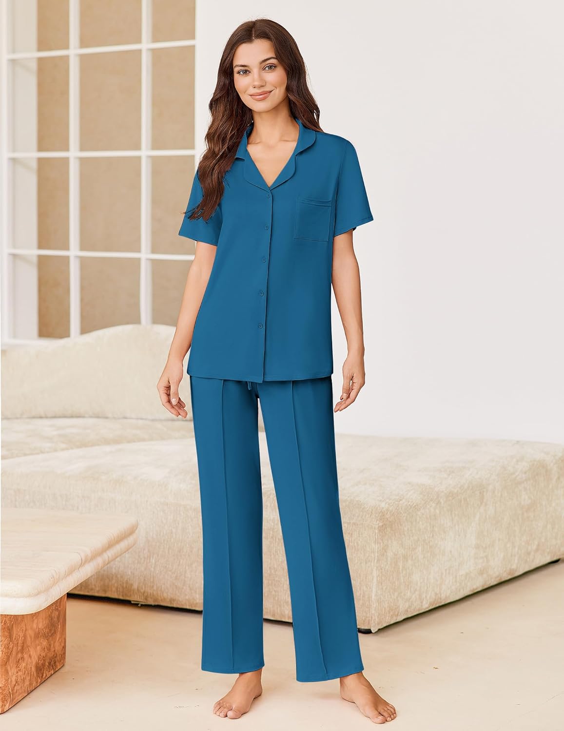 2-piece short sleeve pajama set in blue: collared top with chest pocket and long pants