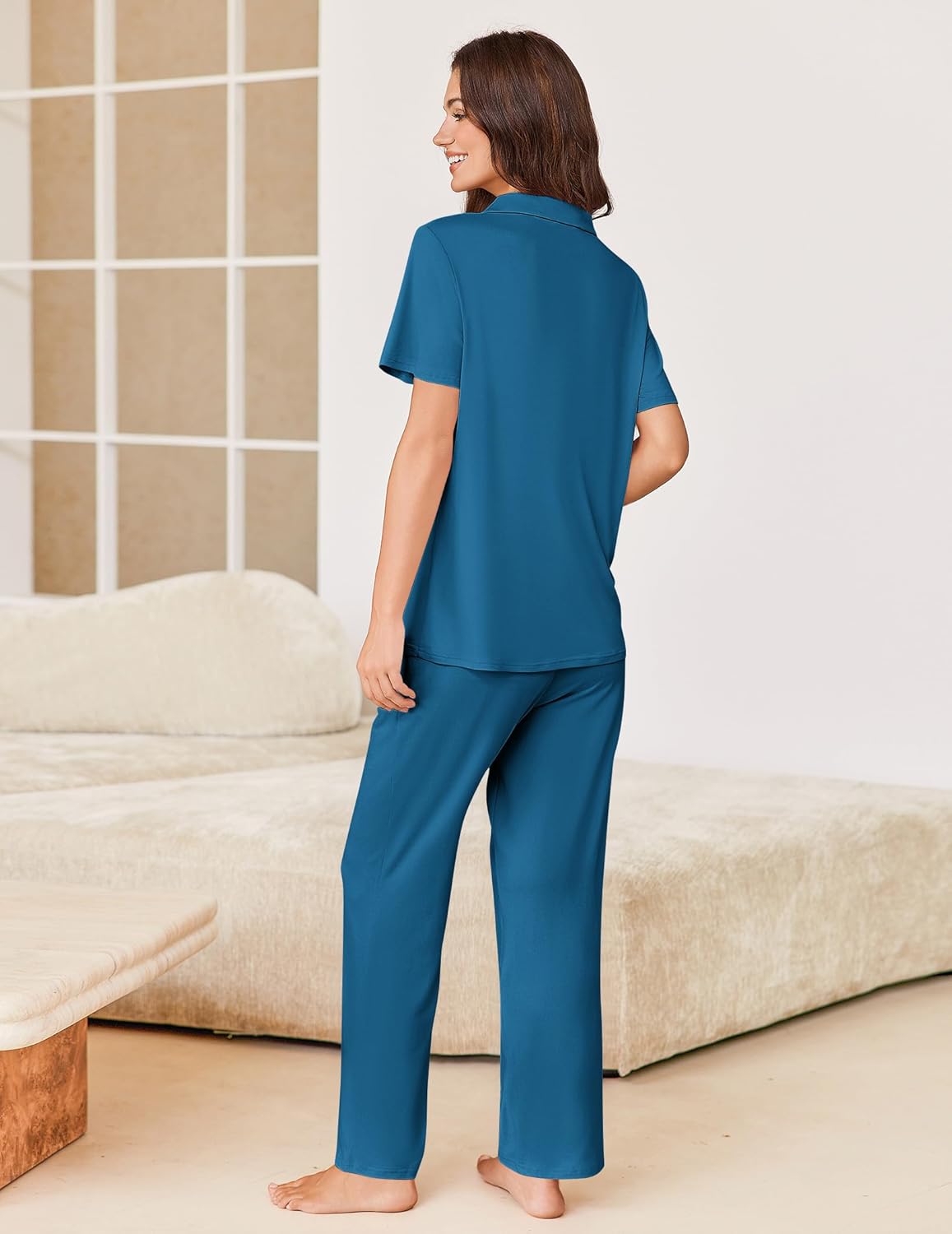 2-piece pajama set in blue-teal: short sleeve button top with back view and long pants