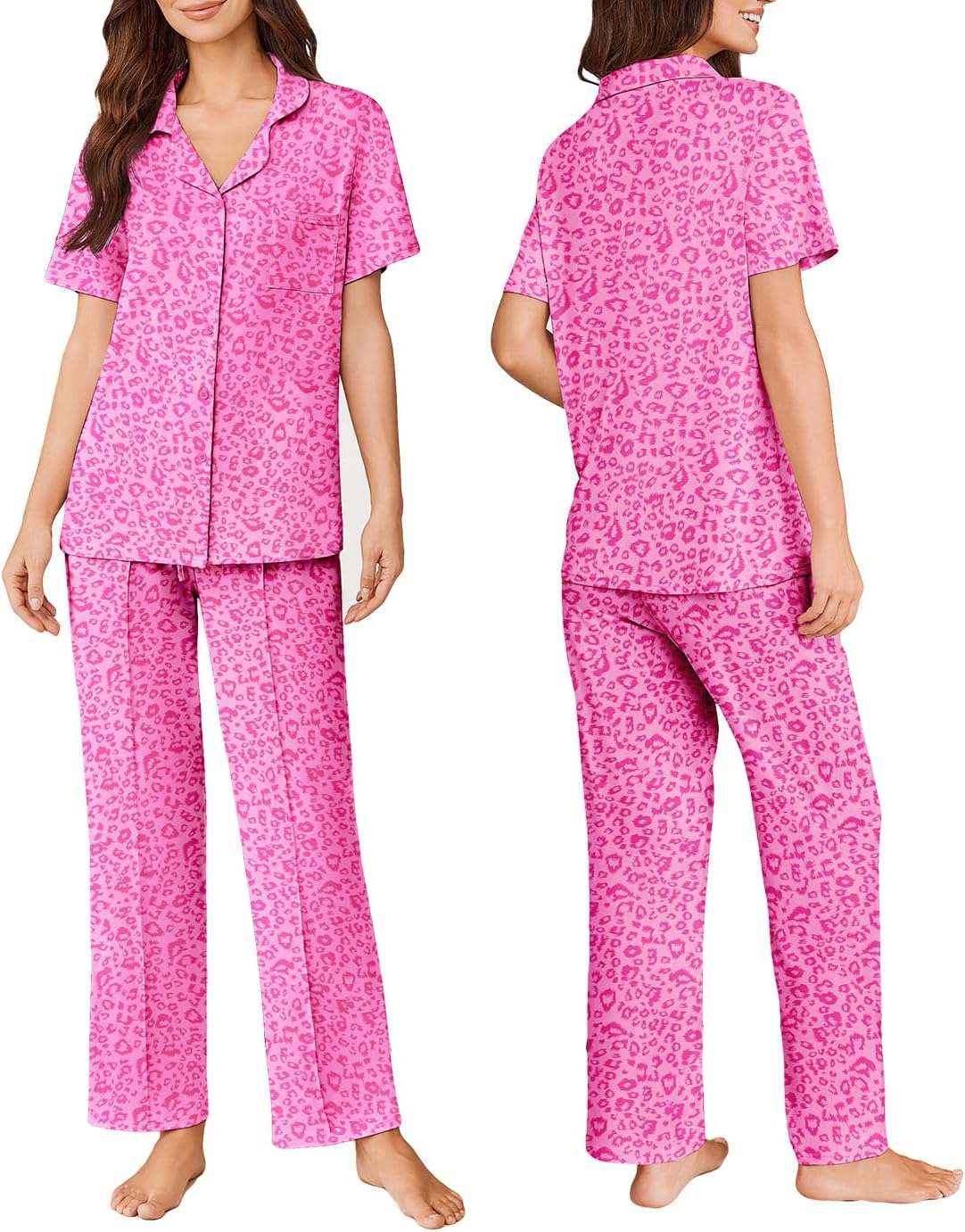 2-piece pajama set in hot pink leopard print: short sleeve button top and long pants