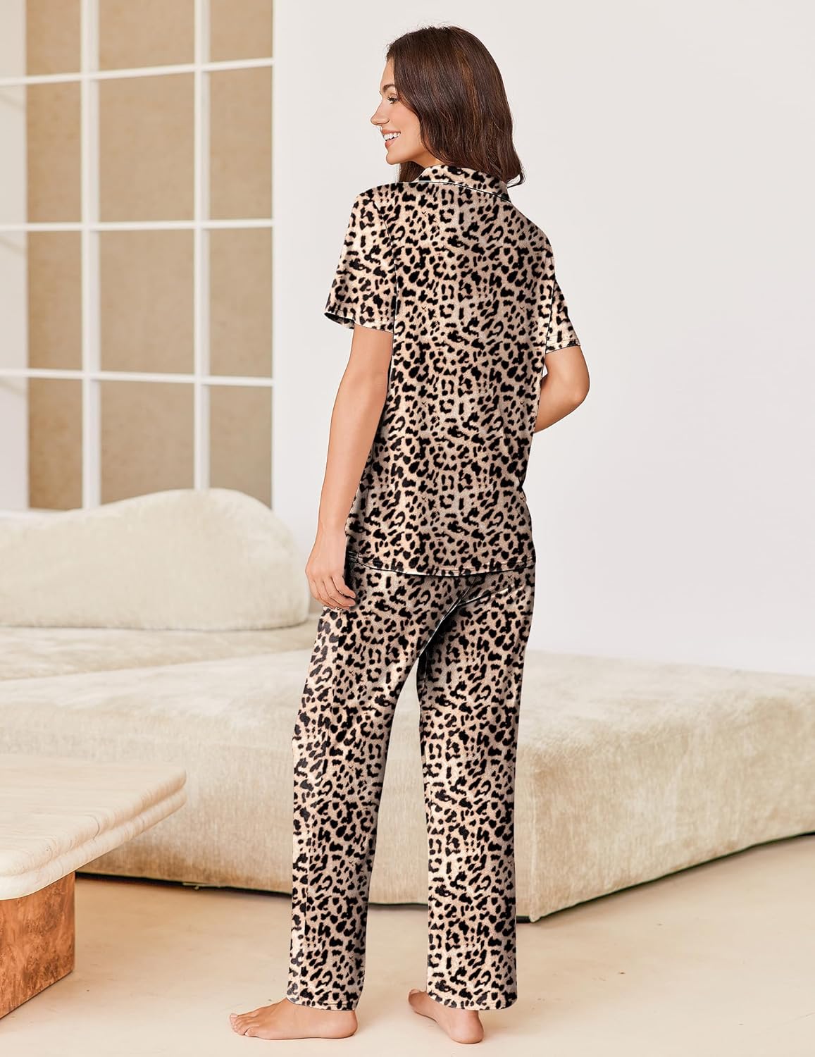 Leopard print short-sleeve PJ top and long pants set, button-front collar
