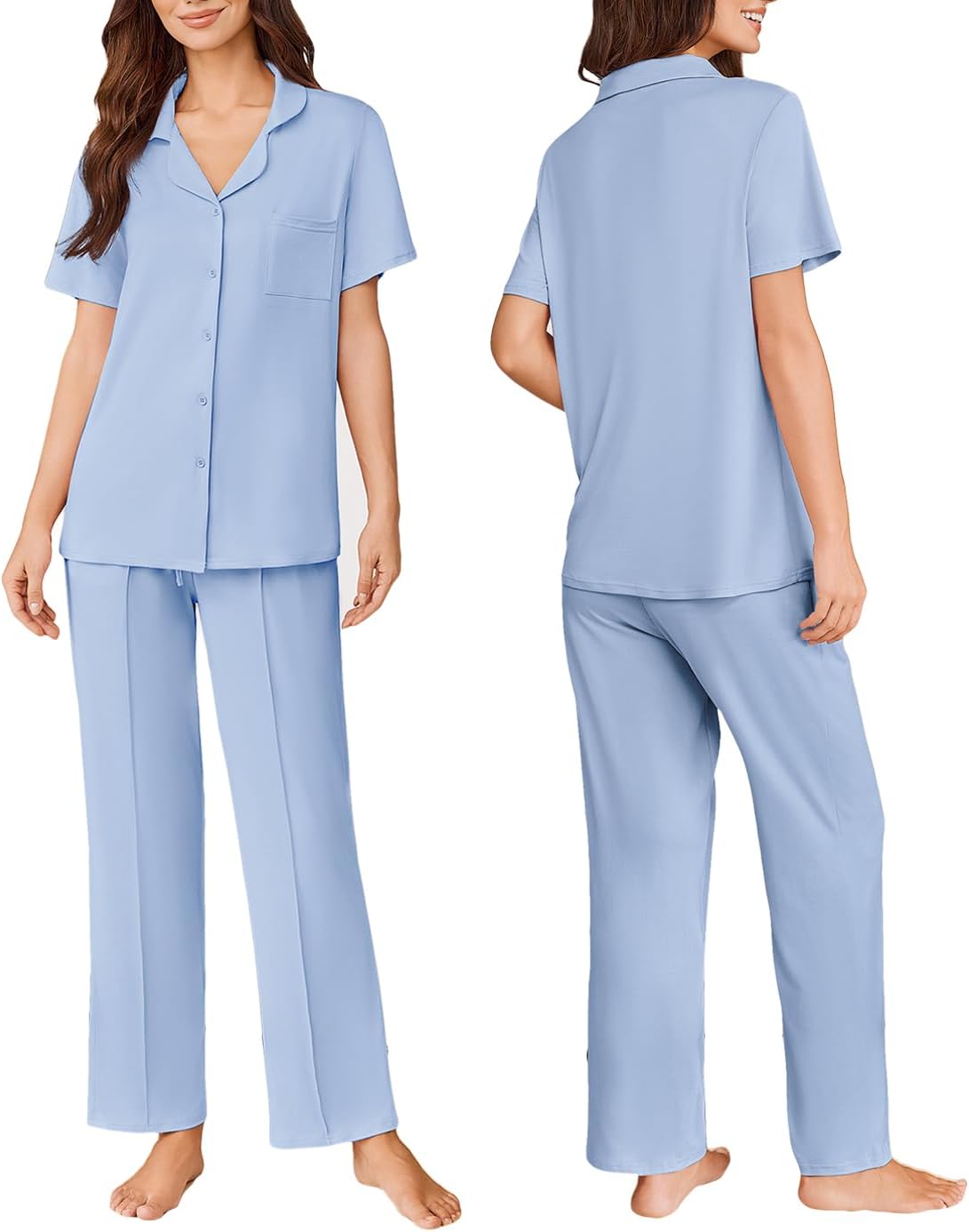Light blue short-sleeve button PJ top with long pants, classic pajama collar
