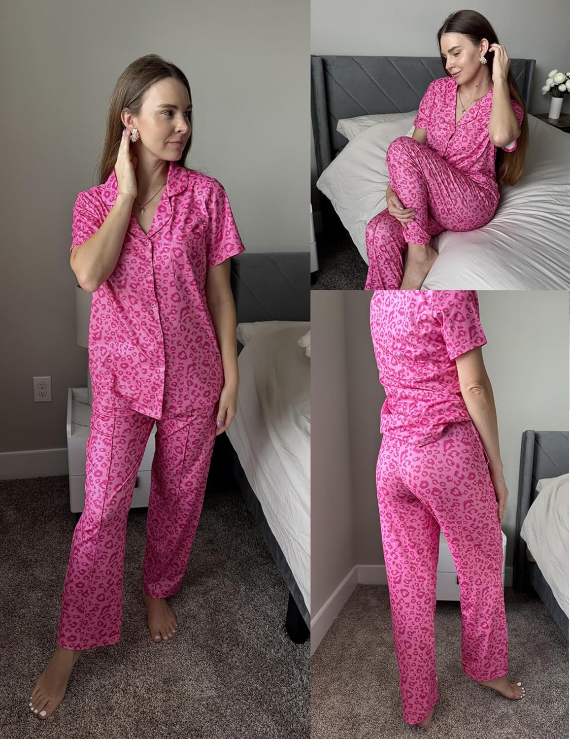 Hot pink leopard pajama set: short sleeve button top and long pants, front and side views