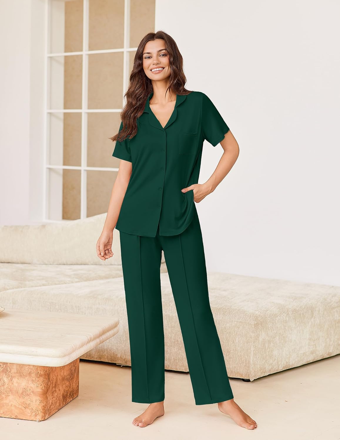 2-piece short sleeve pajama set in dark green: button-front top and long pants
