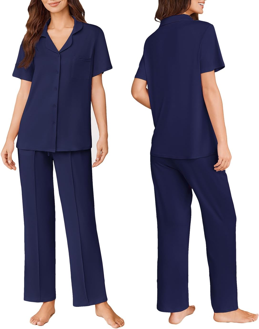 Navy short-sleeve button PJ top and matching long pants, pajama pocket detail