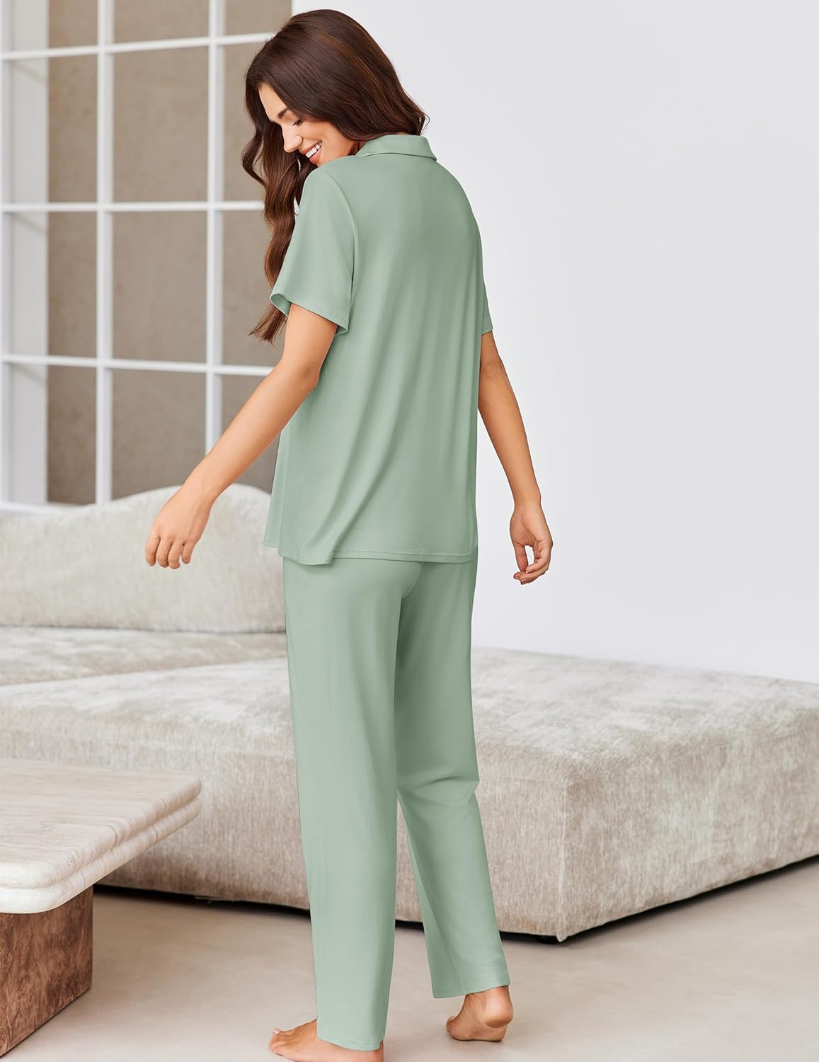Light green pajama set shown from back: short-sleeve top and long pants