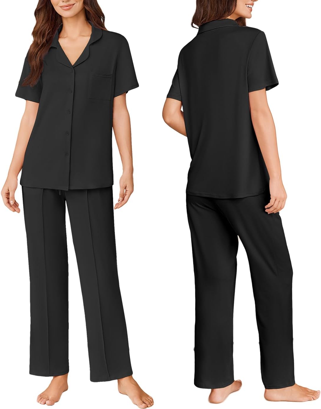 Black 2-piece short-sleeve pajama top and long pants, front and back