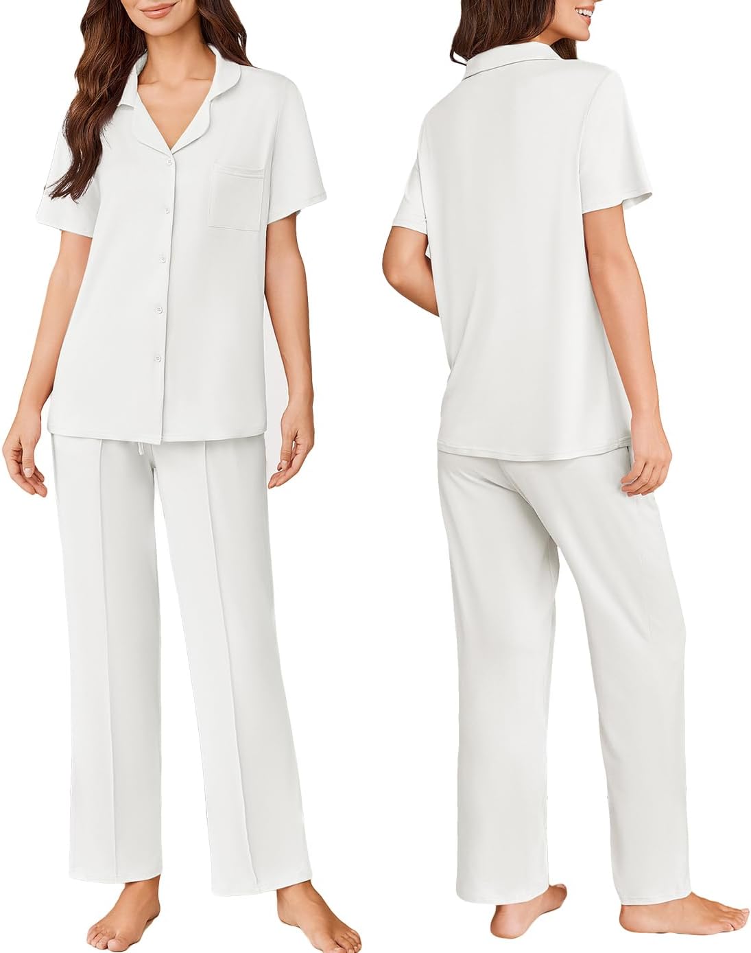 White short-sleeve button PJ top with pocket and matching long pants