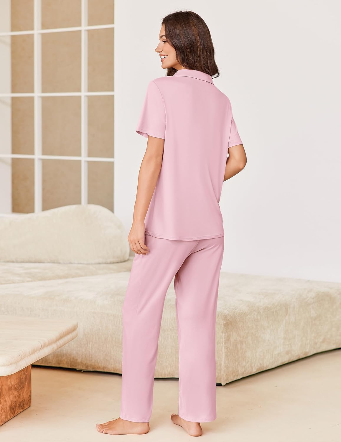 Light pink PJ set from back: short-sleeve top and long pants