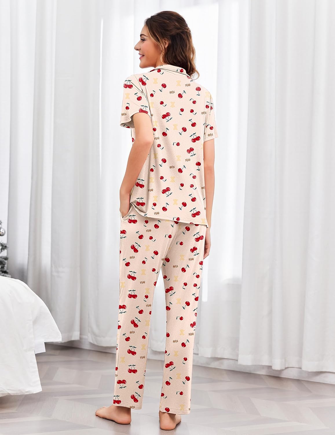 Beige cherry-print PJ set: short-sleeve top and long pants