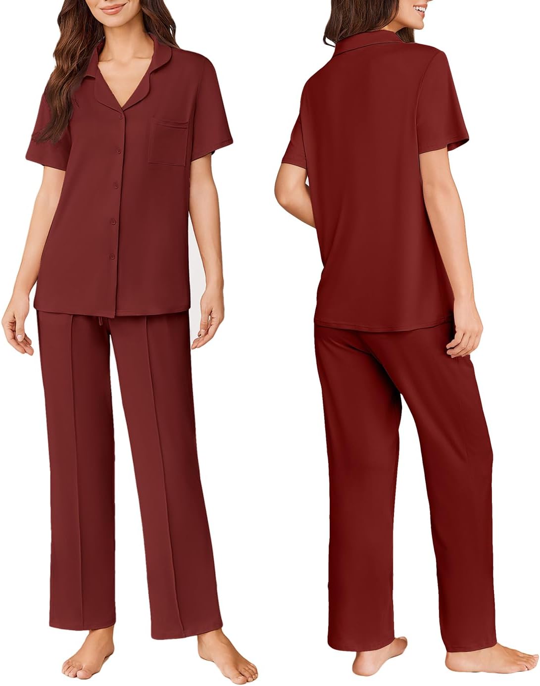 Wine-red short-sleeve button PJ top and matching long pants