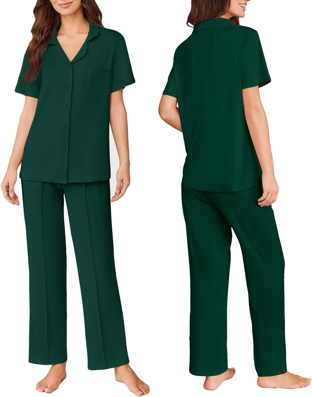 Dark green short-sleeve button PJ top and matching long pants