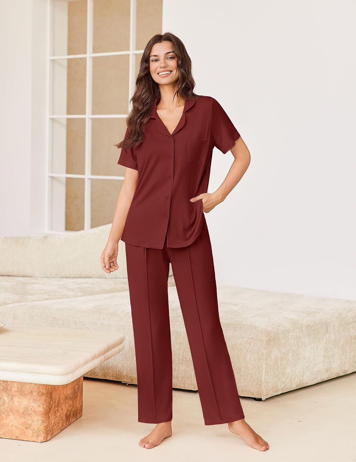 Wine-red PJ set: pocket short-sleeve top and long trousers