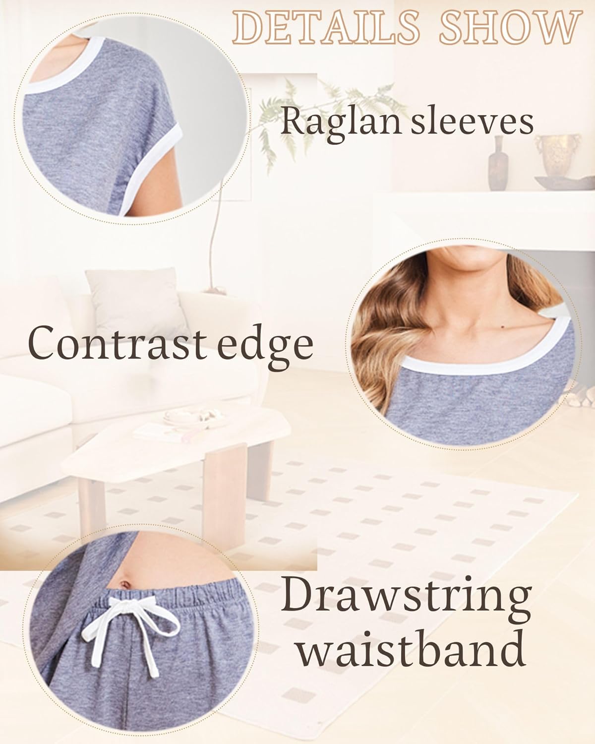 2-teiliges PJ-Set, graues Shirt & Shorts mit Kontrastkanten, Raglanärmeln und Kordelzug