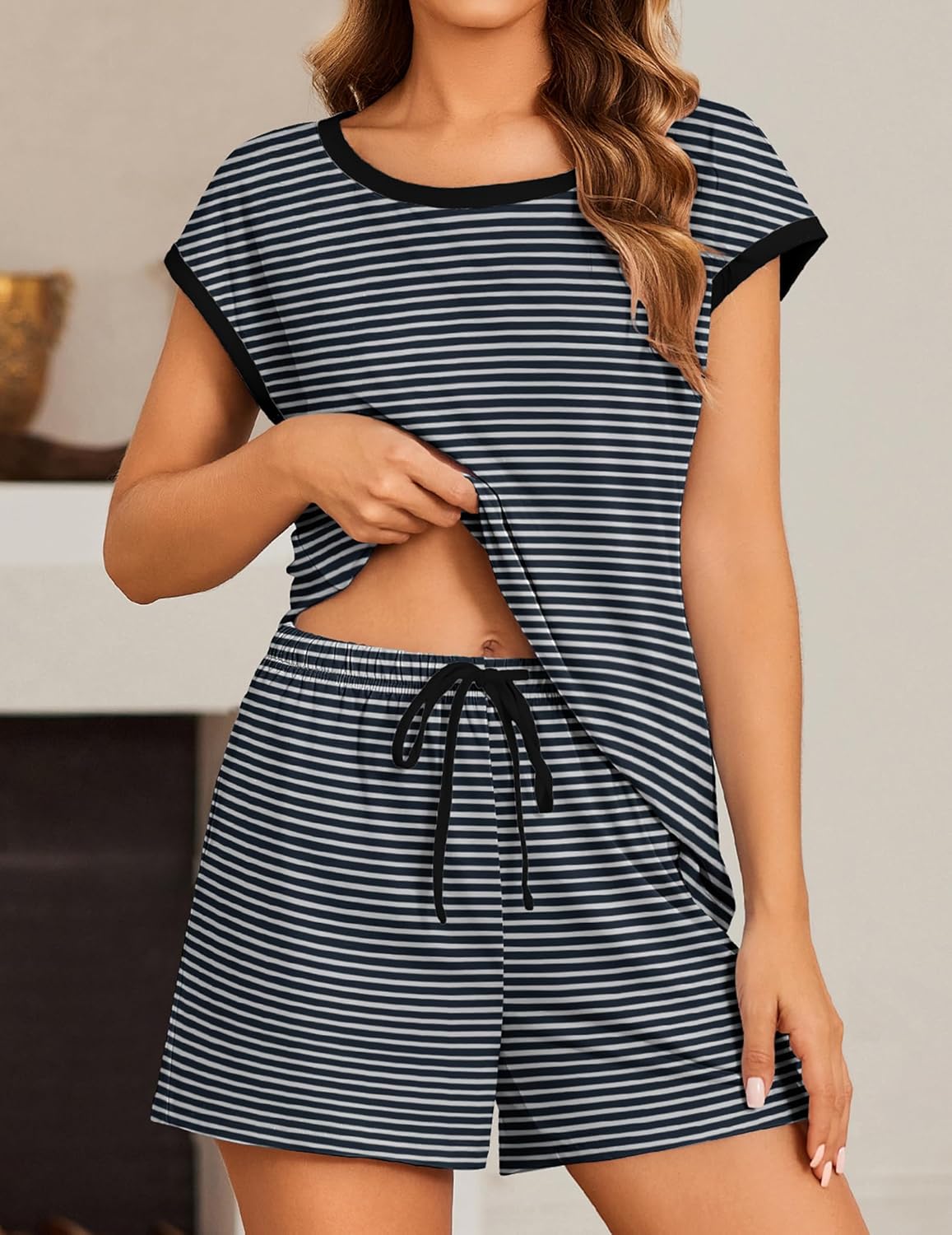 Navy-and-white striped short-sleeve pajama lounge set with drawstring waist shorts