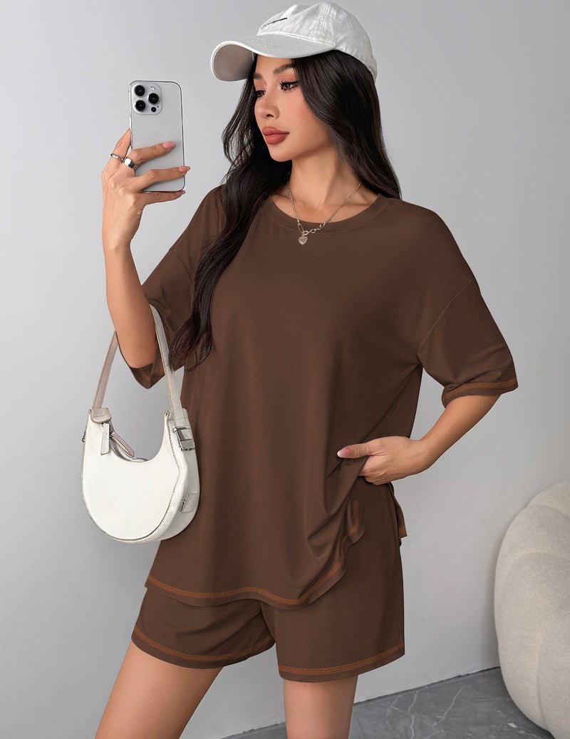 Brown 2-piece shorts set: short-sleeve top and drawstring elastic-waist shorts.