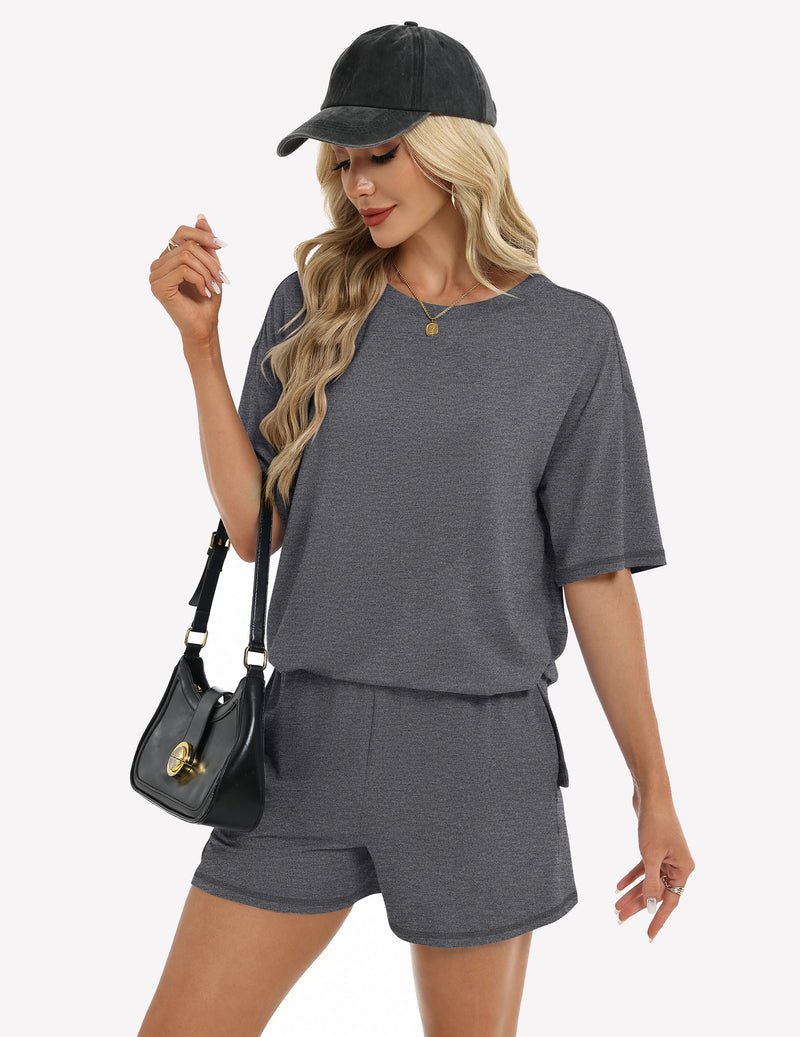 Gray 2-piece shorts set: short-sleeve top and drawstring elastic-waist shorts.