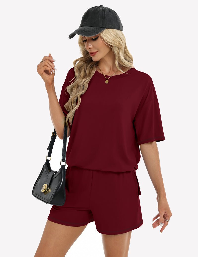 Red 2-piece shorts set: short-sleeve top and drawstring elastic-waist shorts.