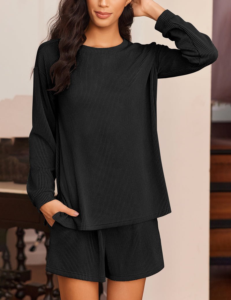 2-piece lounge pajama set, long-sleeve top and striped shorts, black