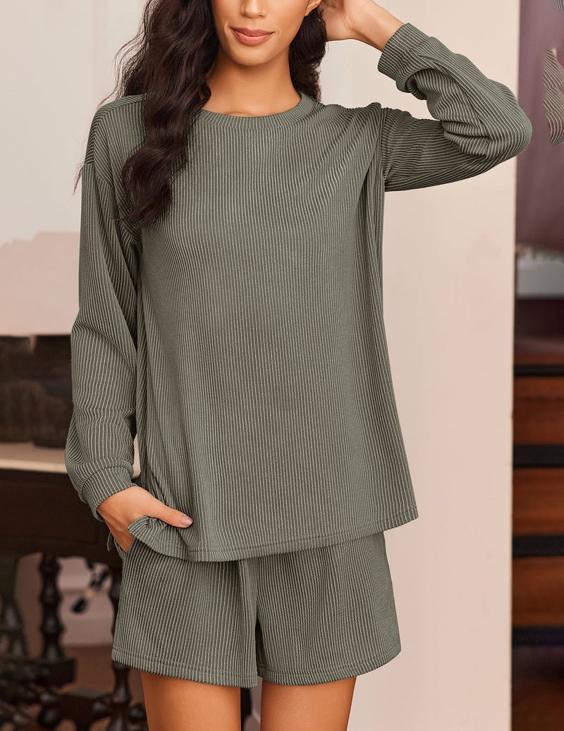 2-piece lounge pajama set, long-sleeve top and striped shorts, olive green