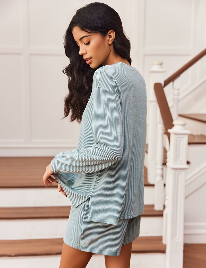 Light blue striped long-sleeve pajama top with matching shorts, cozy 2-piece set