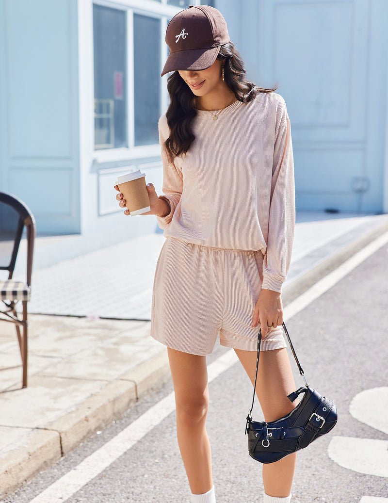 Soft pink striped long-sleeve pajama top with matching shorts, casual lounge set