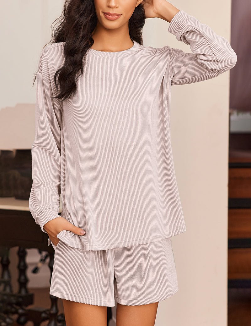 Light striped long-sleeve pajama top with matching short bottoms, relaxed lounge set